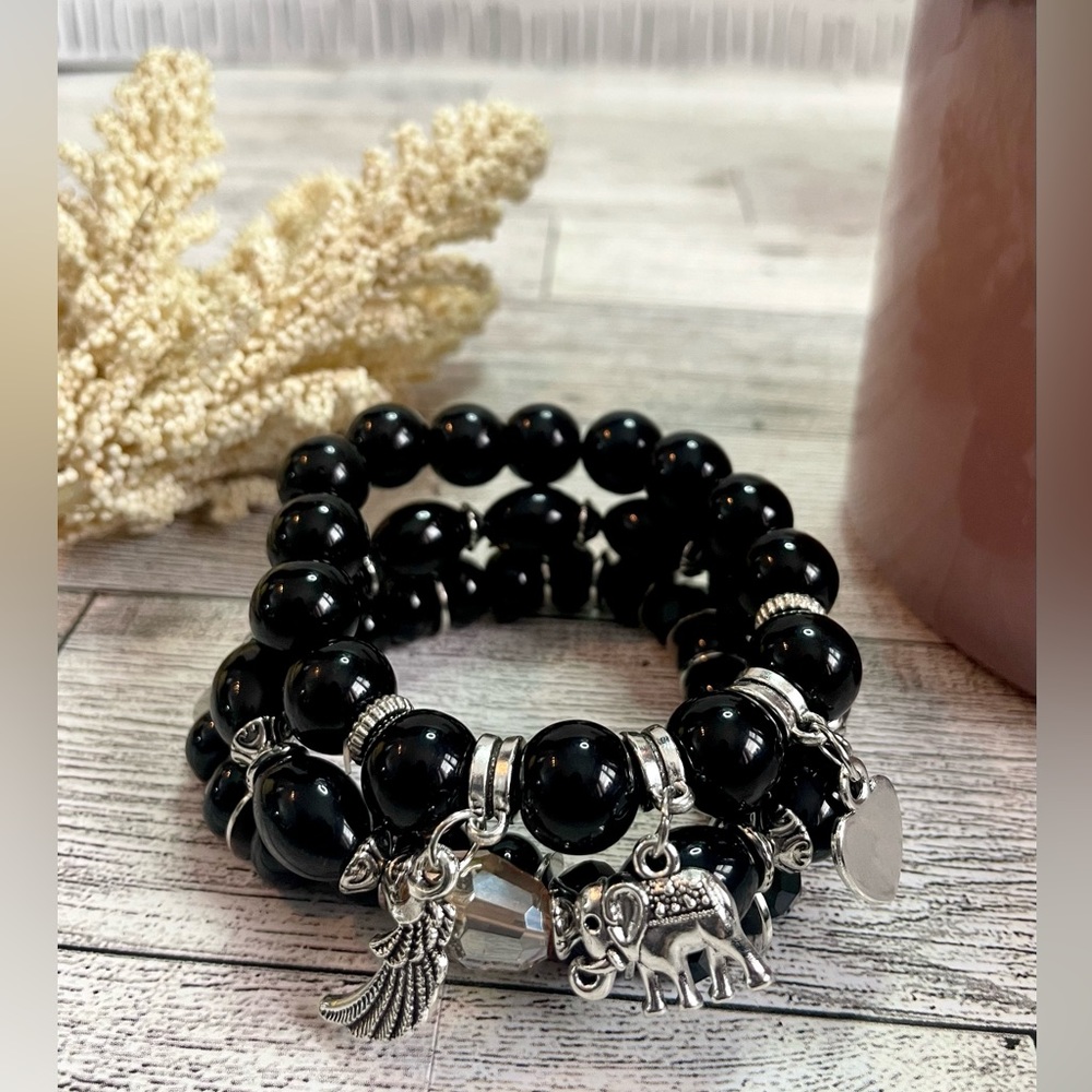 Women’s 3-Piece Black Beaded Bracelet Set With Adorable Elephant Charm